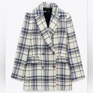 Zara Women's Blue and Cream Plaid Jacket